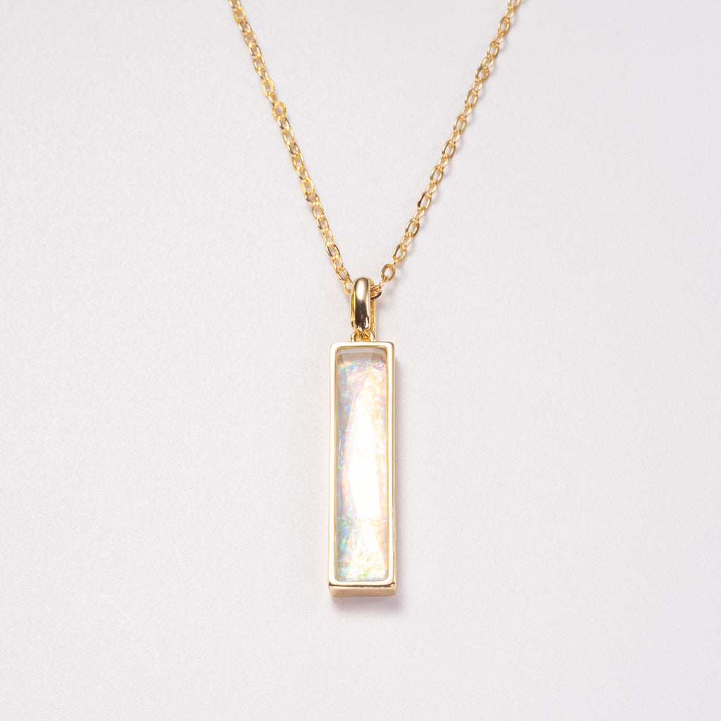 Elongated Fancy Cut simulated Welo Opal Pendant Necklace with Surgical Steel Chain 20 Inch
