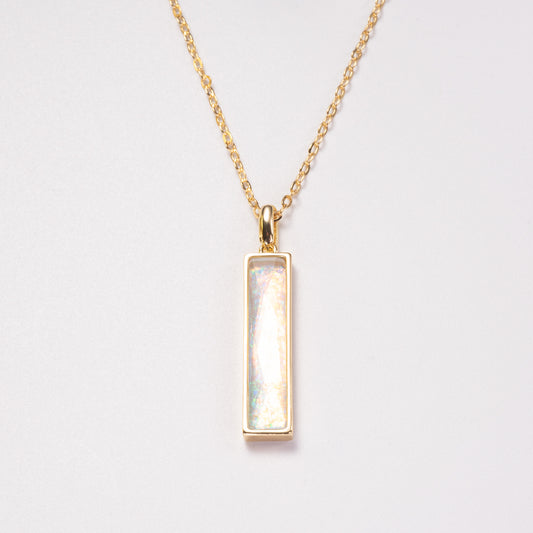 Elongated Fancy Cut simulated Welo Opal Pendant Necklace with Surgical Steel Chain 20 Inch
