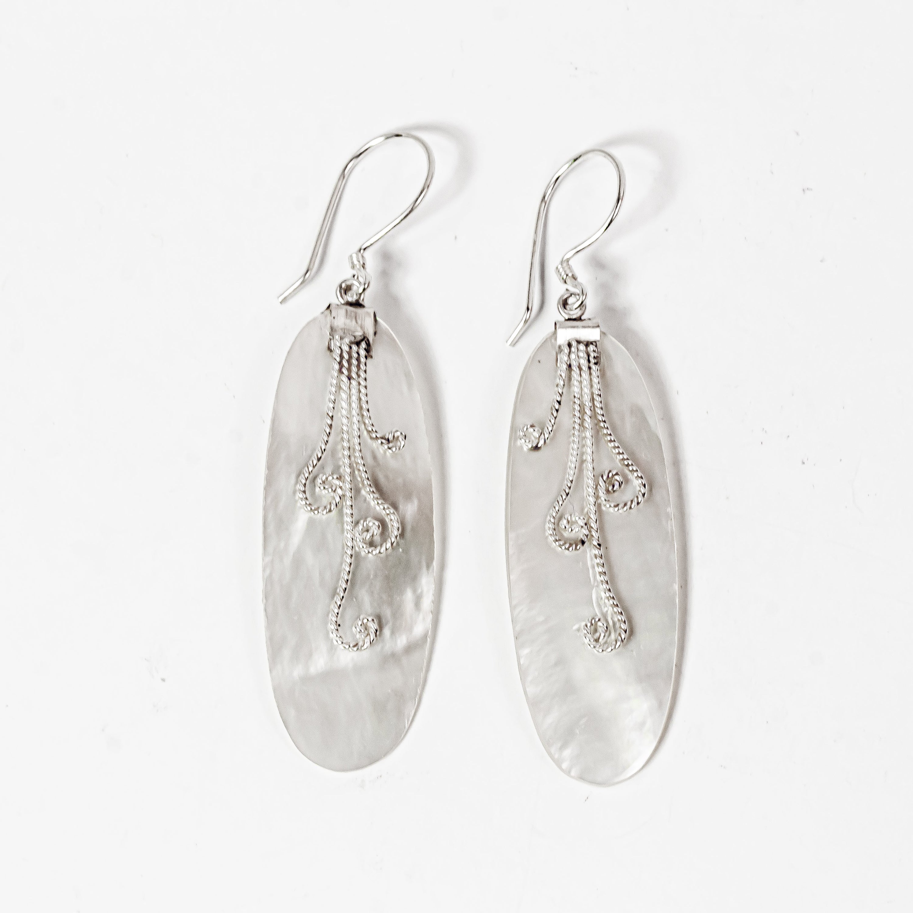 Enchanting Bali Handmade Elongated Oval Mother of Pearl Earrings in Sterling Silver