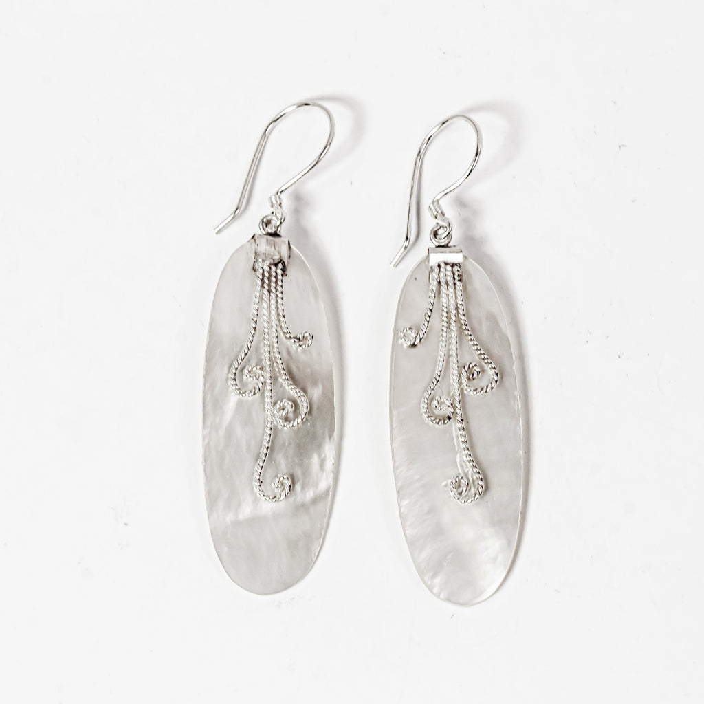 Enchanting Bali Handmade Elongated Oval Mother of Pearl Earrings in Sterling Silver