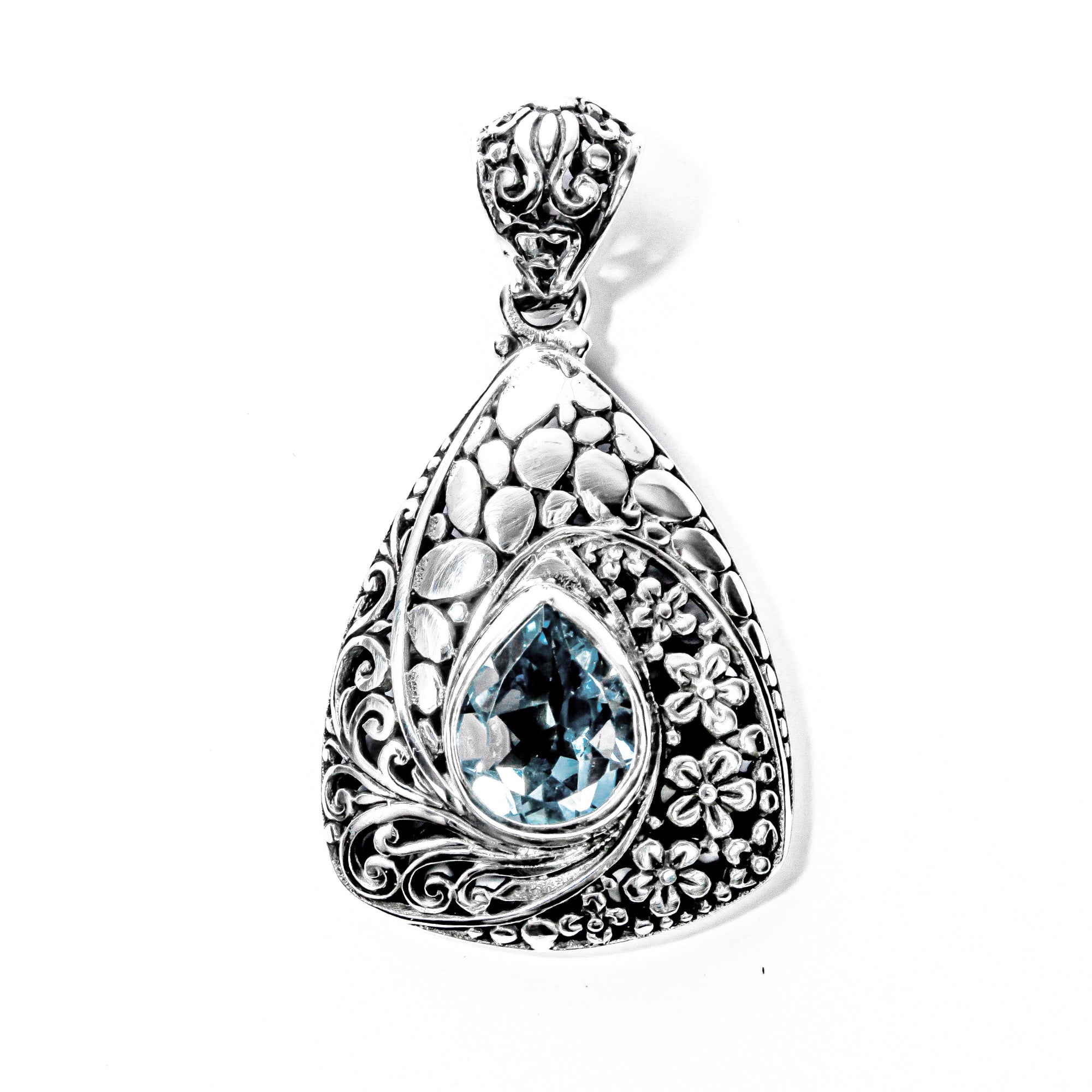 Enchanting Bali Handmade Pendant with Blue Topaz Gemstone in Sterling Silver