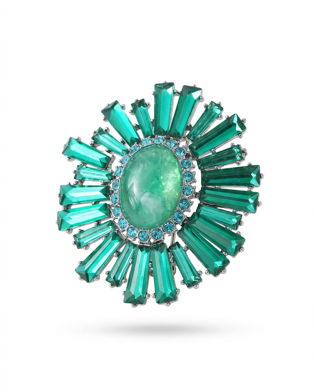 Victorian Era Inspired Floral Brooch Pin Jewelry with Simulated Emerald in Brass 2.65"