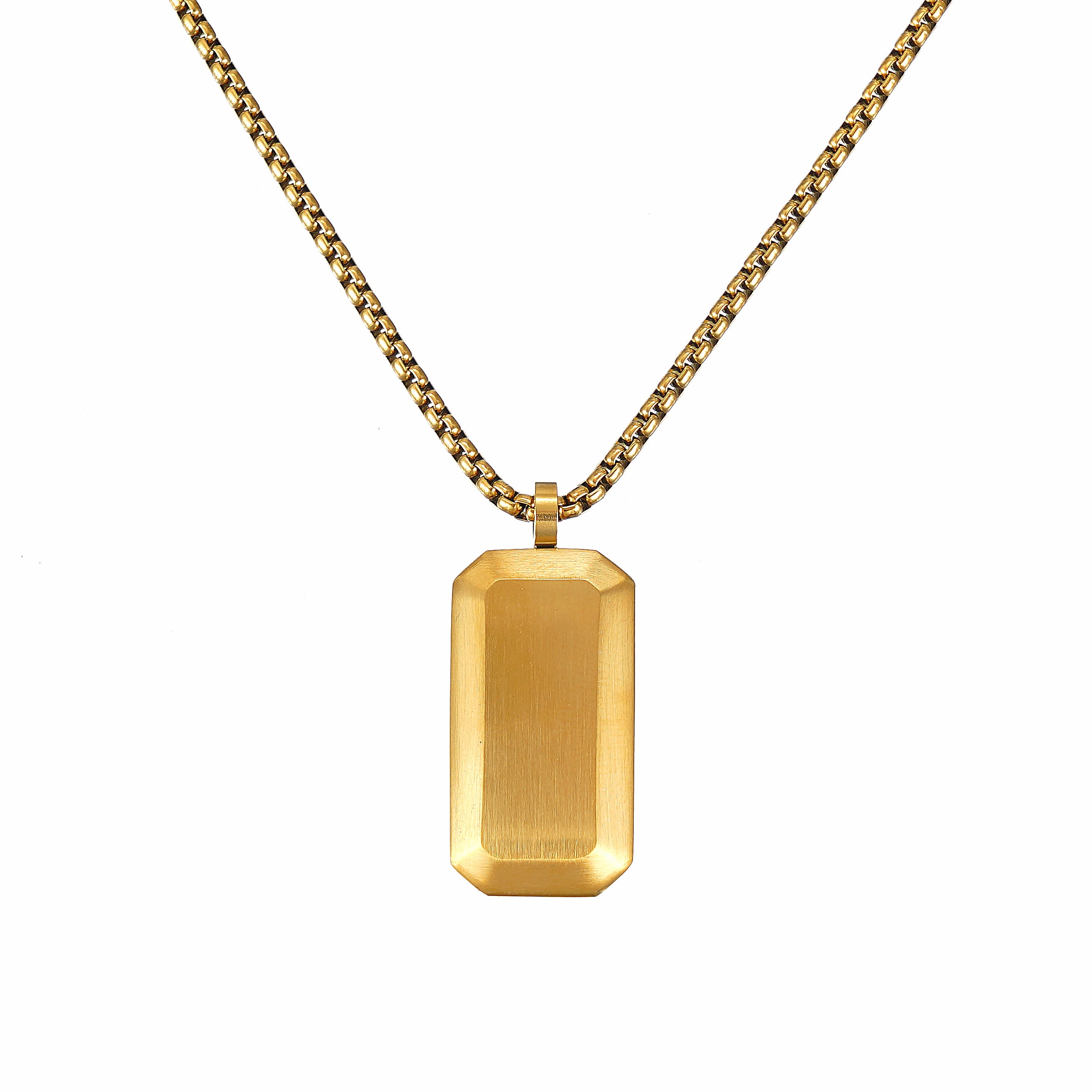 Gold rectangular Dog Tag pendant on a chain against a white background