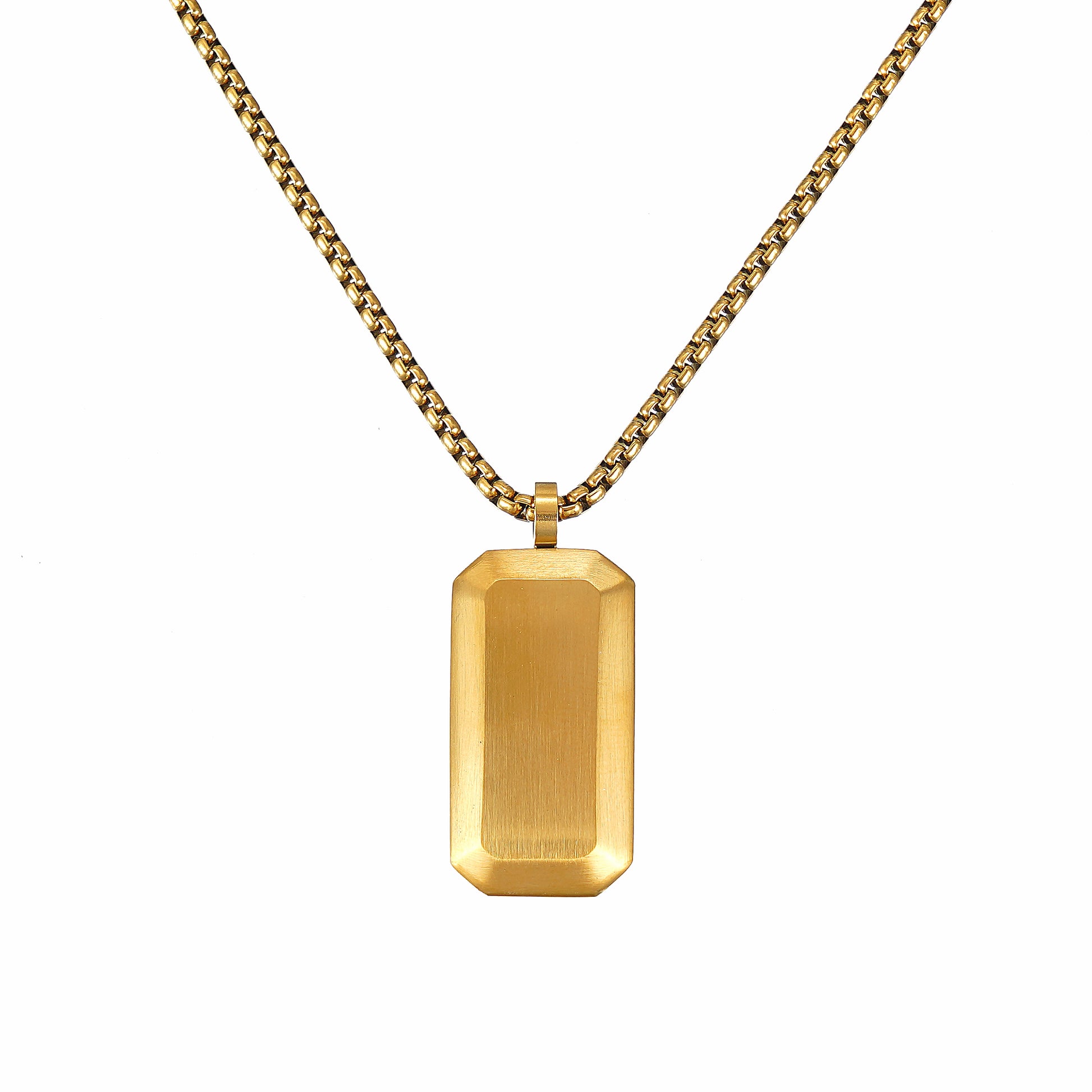 Gold rectangular Dog Tag pendant on a chain against a white background