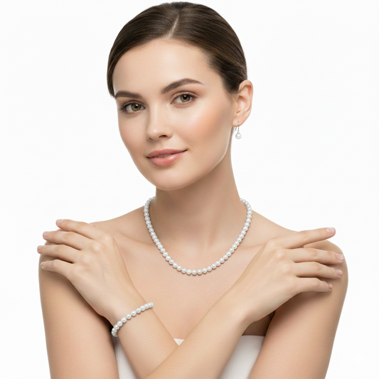 Classic 6mm Round White Shell Pearl Set Necklace 18inch, Bracelet 7inch and Earrings with Steel Lock