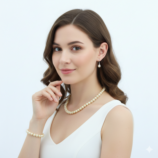 Classic 10mm Round Golden Shell Pearl Set Necklace 18inch, Bracelet 7inch and Earrings with Steel Lock