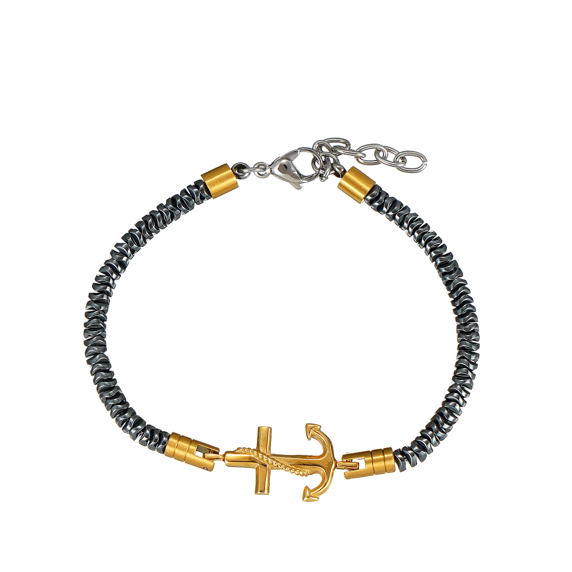 Bracelet with gold anchor charm and gray beads on a white background