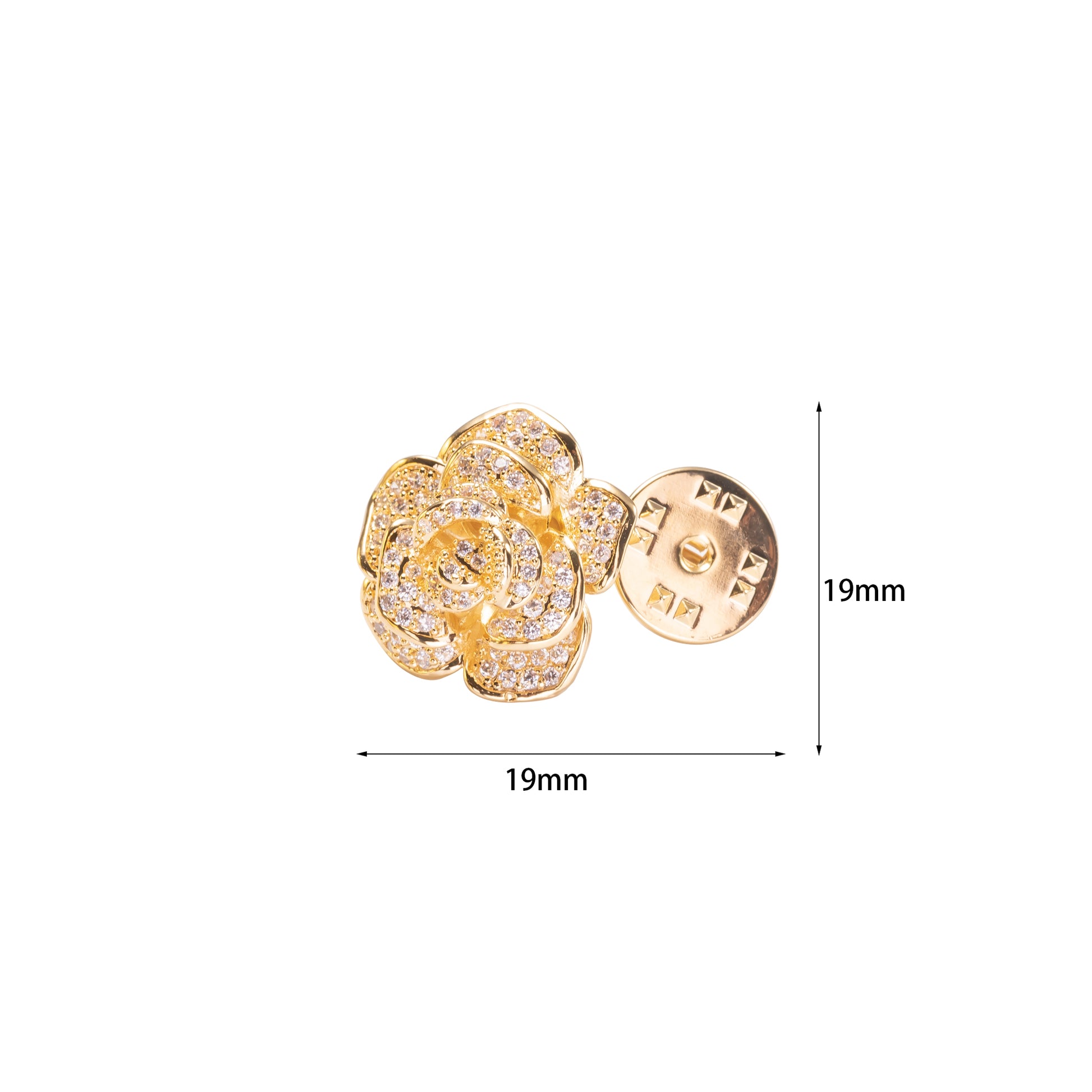 Gold earring with clear stones and dimensions labeled on a white background