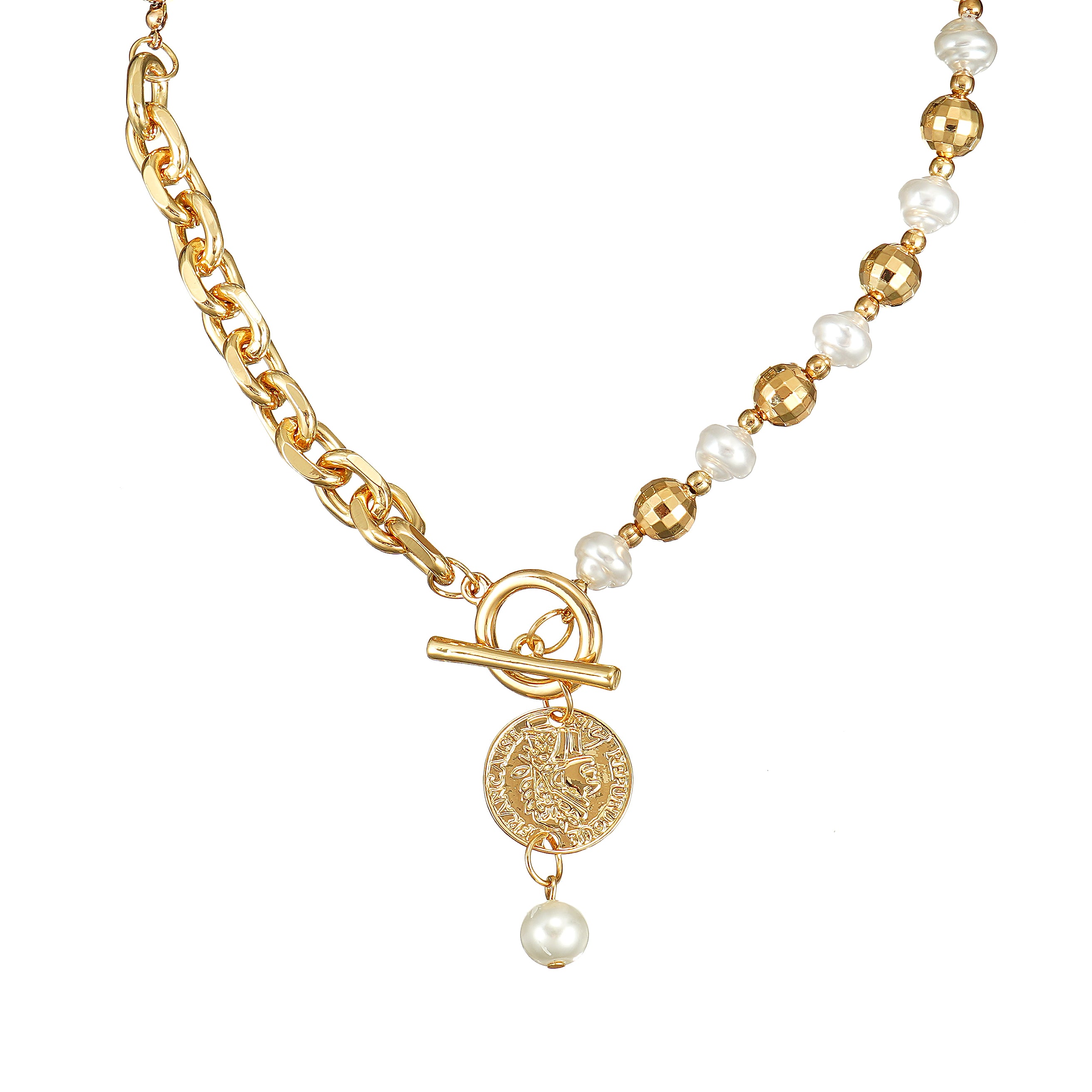 Gold necklace with pearls and a round pendant on a white background