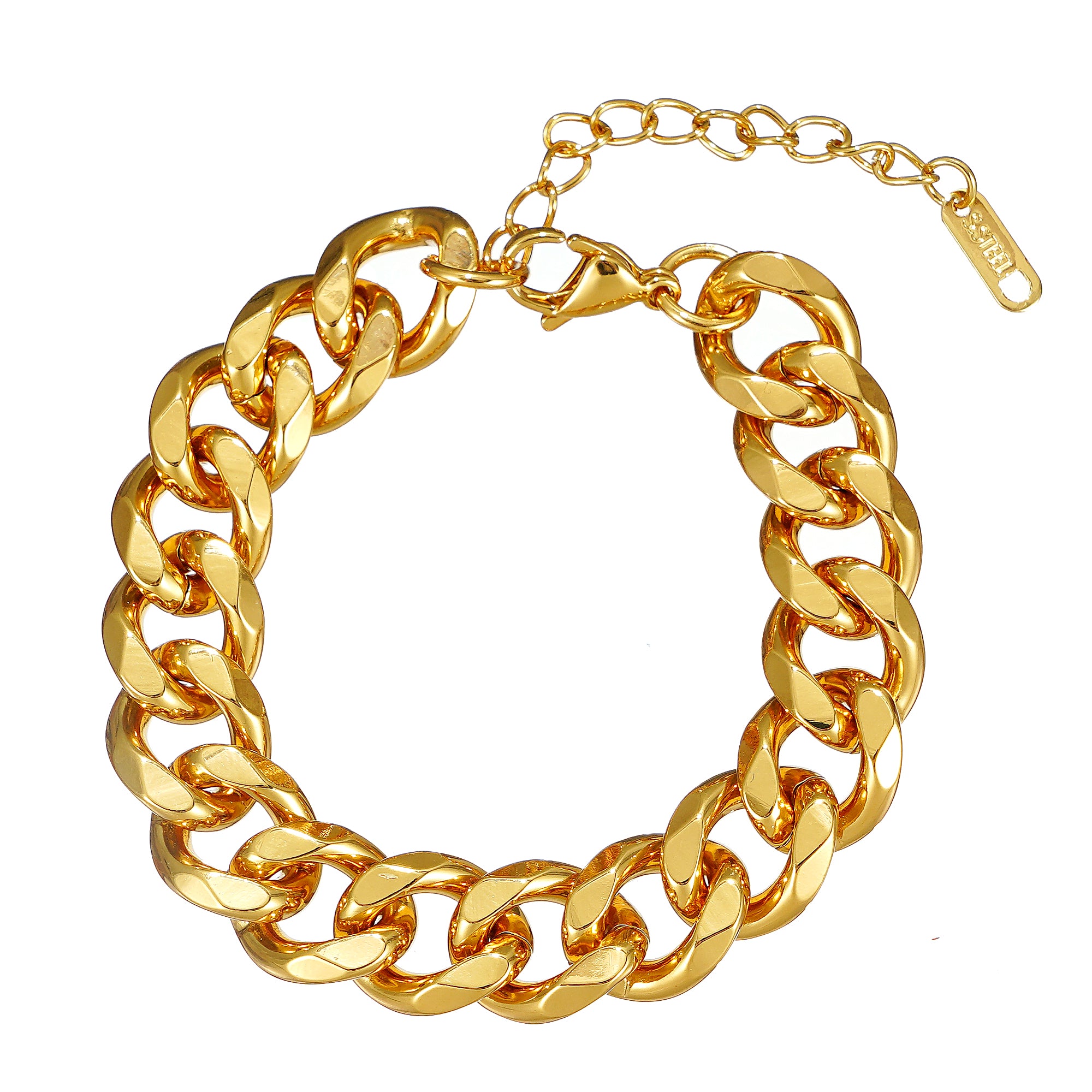 Chunky Cuban Link Chain Bracelet in Stainless Steel IP Yellow Gold 7"+2'- Stars and Vogue
