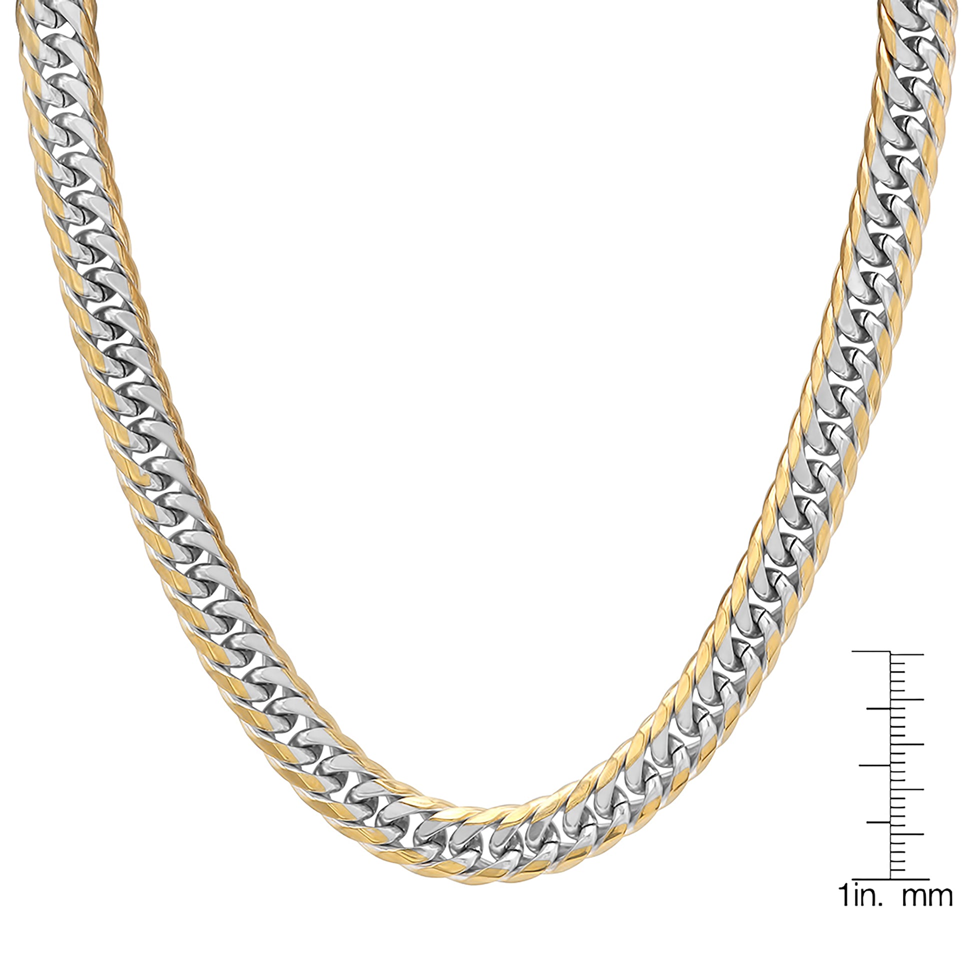 High-resolution detail of the 18Kt IP plating and secure lobster clasp on a silver and gold chain