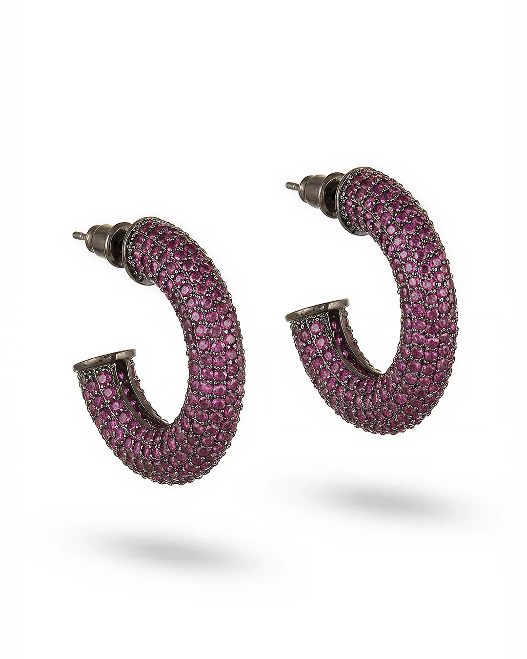 Hoop Earring with Pave Simulated Red Diamond in Brass and Silver Post