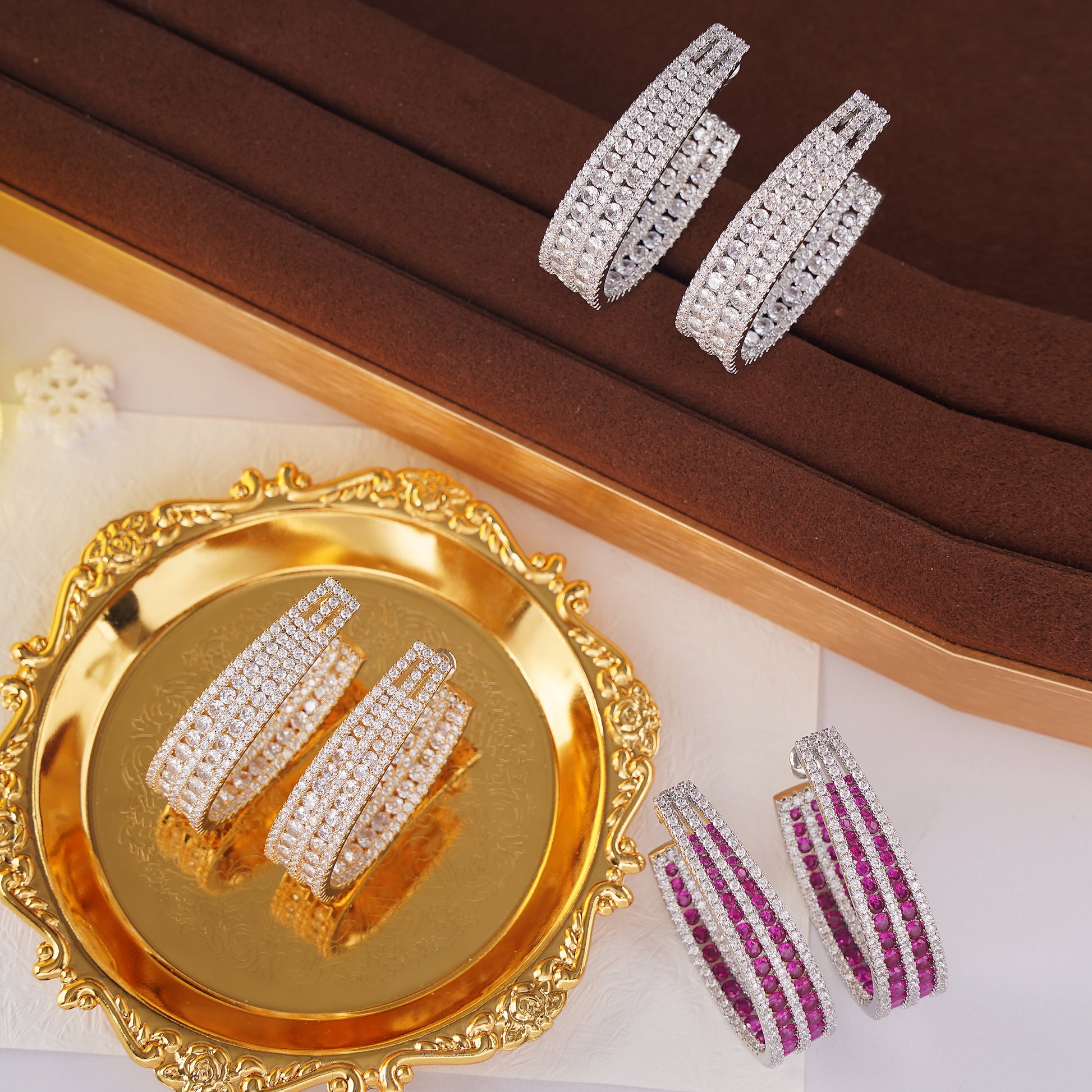 Inside out Statement Hoop Earring with Simulated Diamond in Brass in Yellow Gold plating and Silver post- Stars and Vogue
