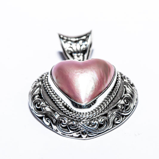 Enchanting Bali Natural Pink Heart Mabe Pearl Pendant in Sterling Silver