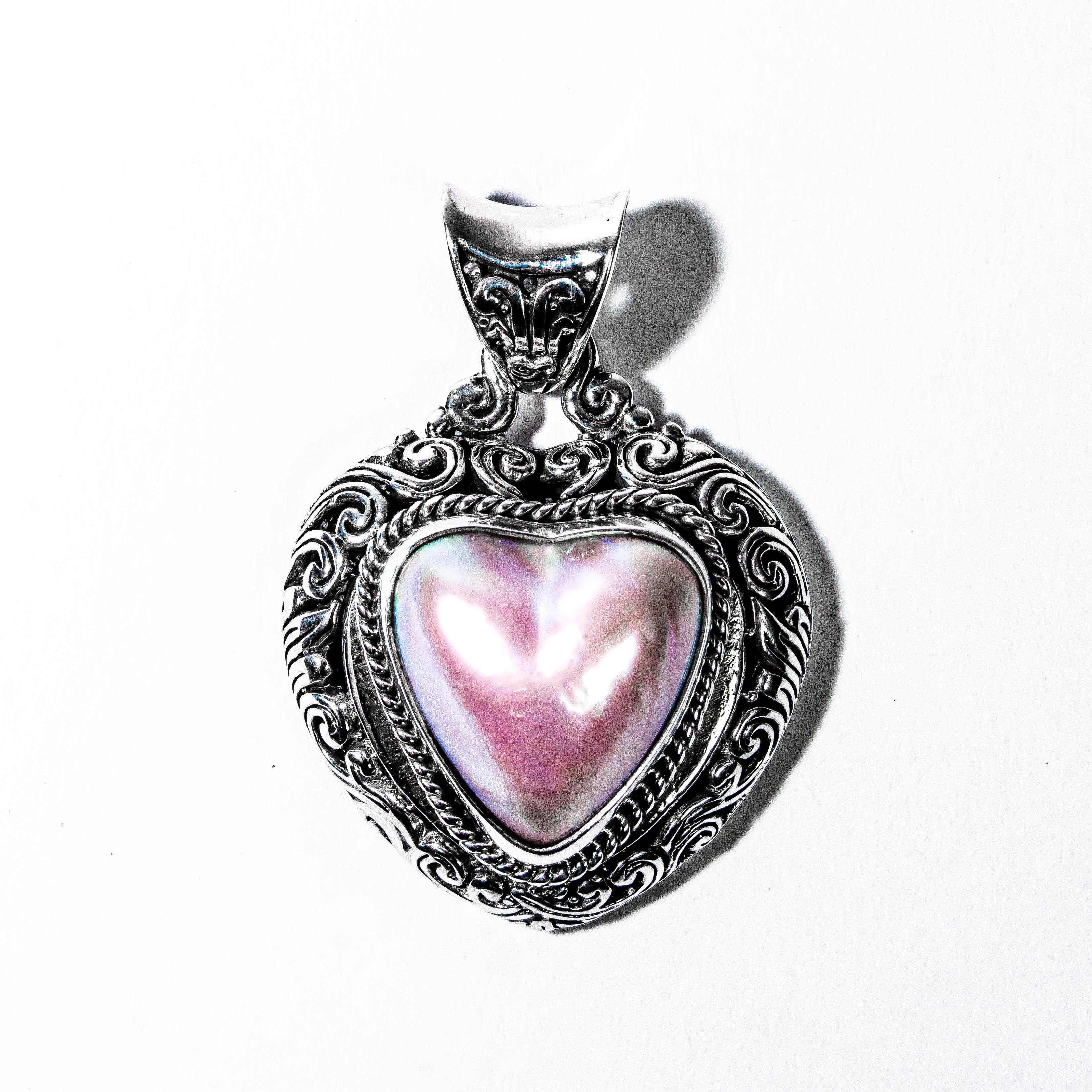 Enchanting Bali Natural Pink Heart Mabe Pearl Pendant in Sterling Silver