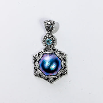 Enchanting Bali Handmade Peacock Mabe Pearl and Sky Blue Topaz pendant in Sterling Silver