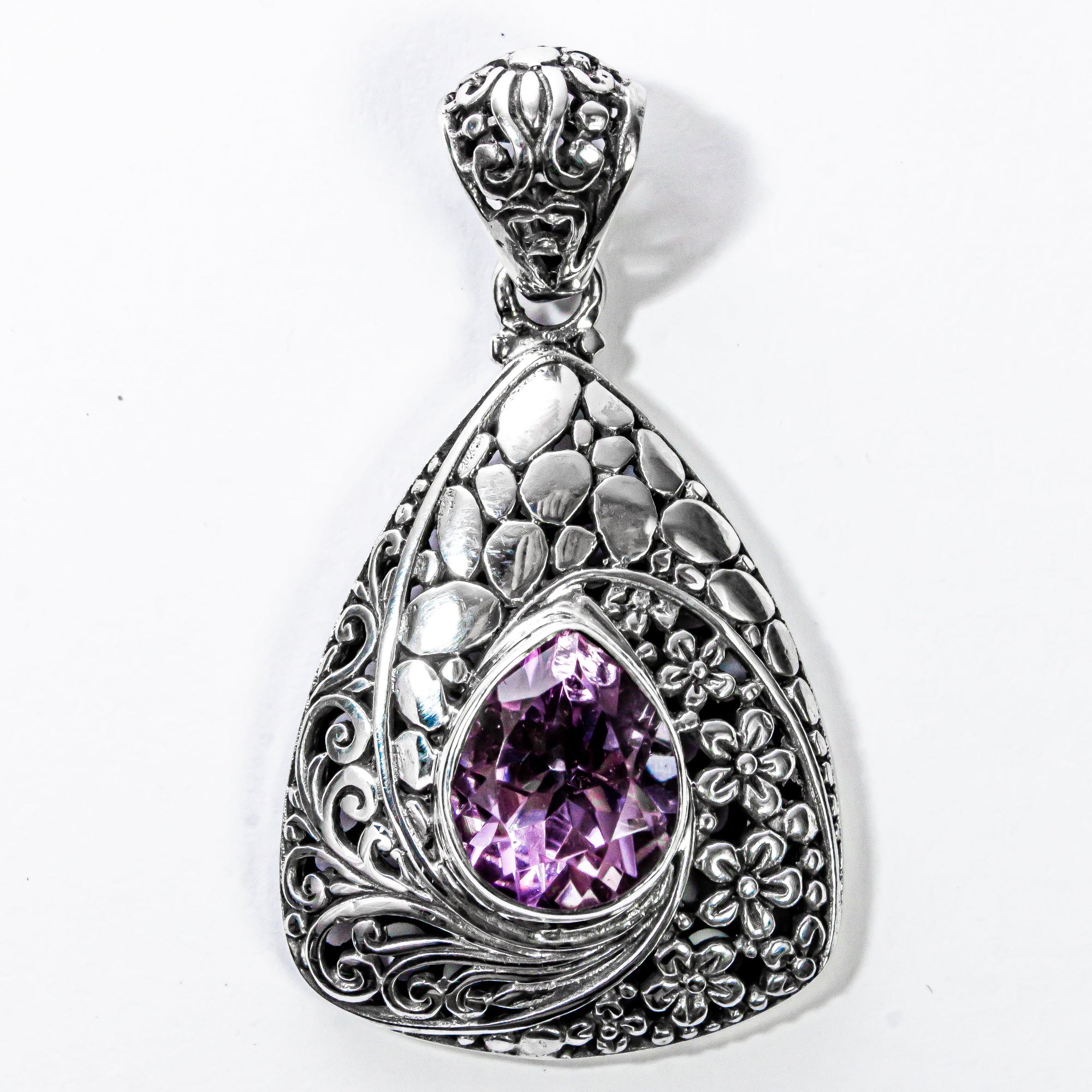 Enchanting Bali Handmade Pendant with Pink Amethyst Gemstone in Sterling Silver