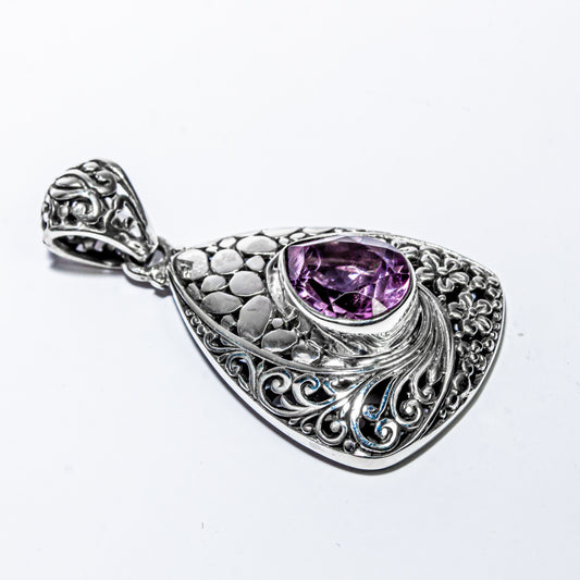 Enchanting Bali Handmade Pendant with Pink Amethyst Gemstone in Sterling Silver