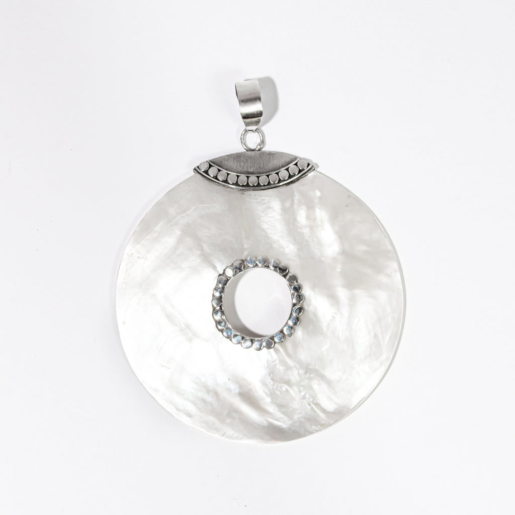 Enchanting Bali Handmade Mother Of Pearl Disc Pendant in Sterling Silver
