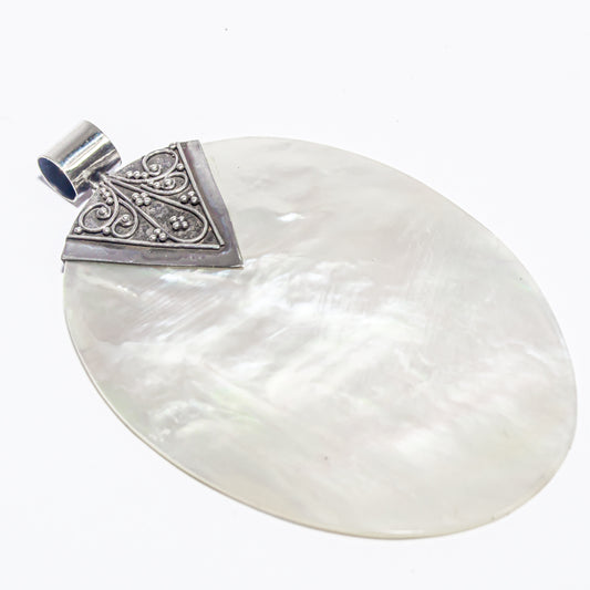 Enchanting Bali Handmade Oval Mother Of Pearl Pendant in Sterling Silver