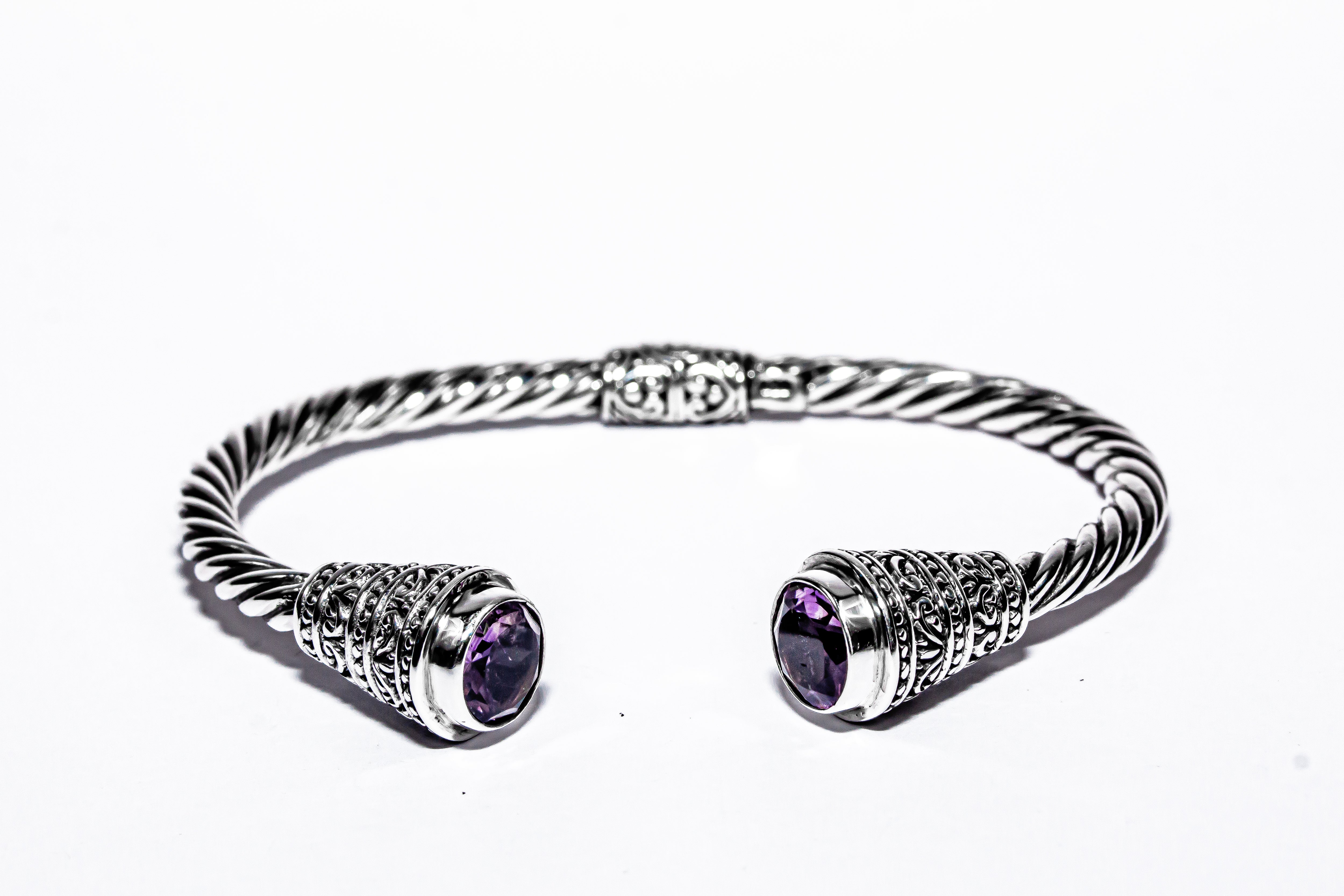 Enchanting Bali Handmade Hinged Cuff Bangle with Amethyst in Sterling Silver