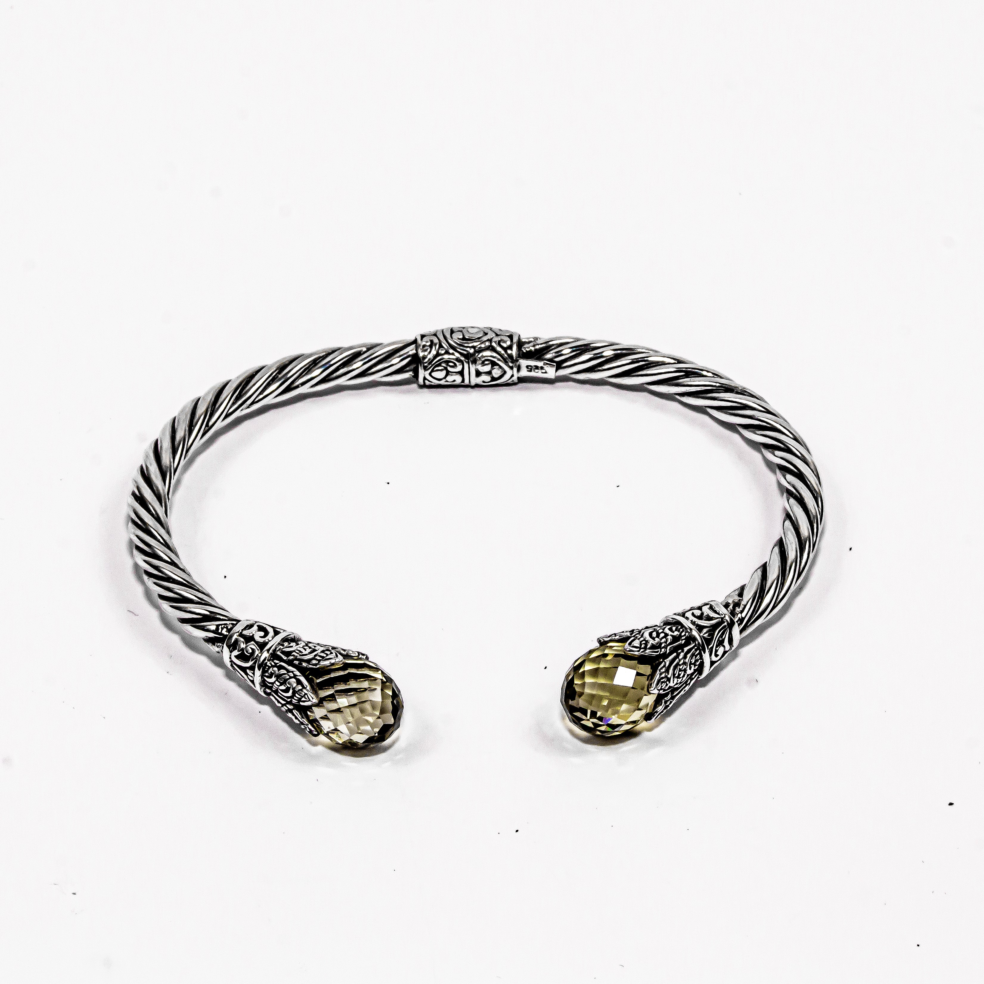 Enchanting Bali Handmade Hinged Cuff Bangle with Briolette Peridot in Sterling Silver