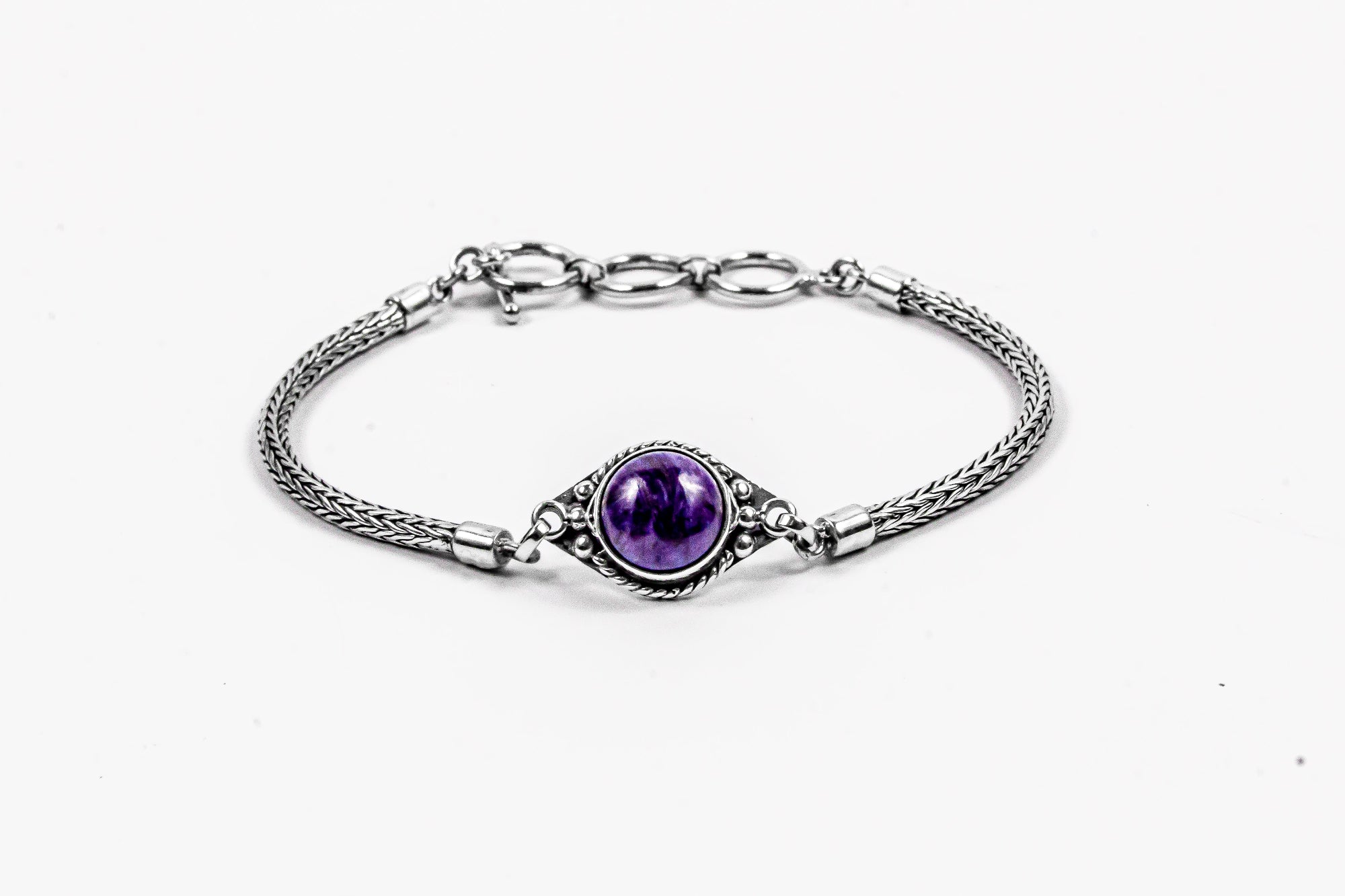 Enchanting Bali Handmade adjustable Tulang Naga Bracelet with Charoite Gemstone in Sterling Silver

