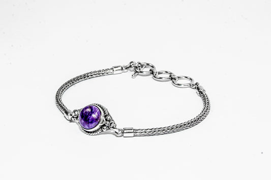 Enchanting Bali Handmade adjustable Tulang Naga Bracelet with Charoite Gemstone in Sterling Silver