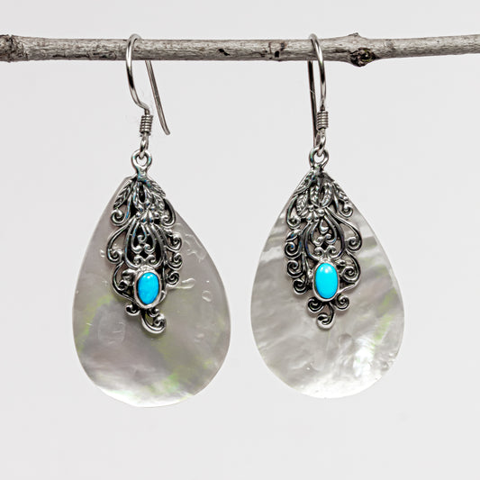 Enchanting Bali Mother of Pearl and Sleeping beauty Turquoise Artisan Crafted Earring in Sterling Silver