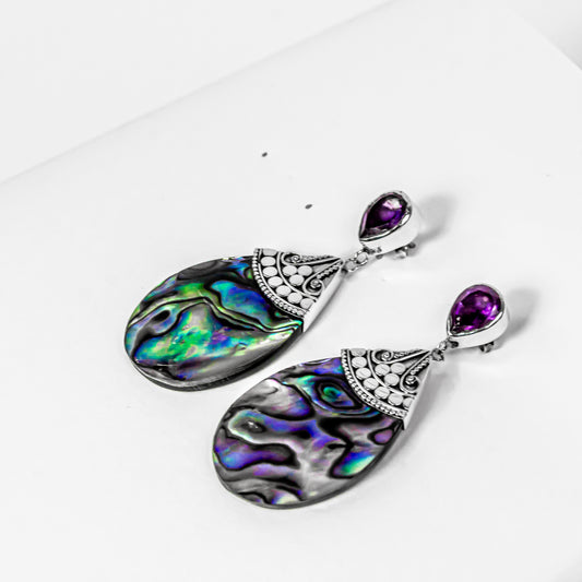 Enchanting Bali Handmade Abalone Shell and Amethyst Gemstone and Sterling Silver Earrings