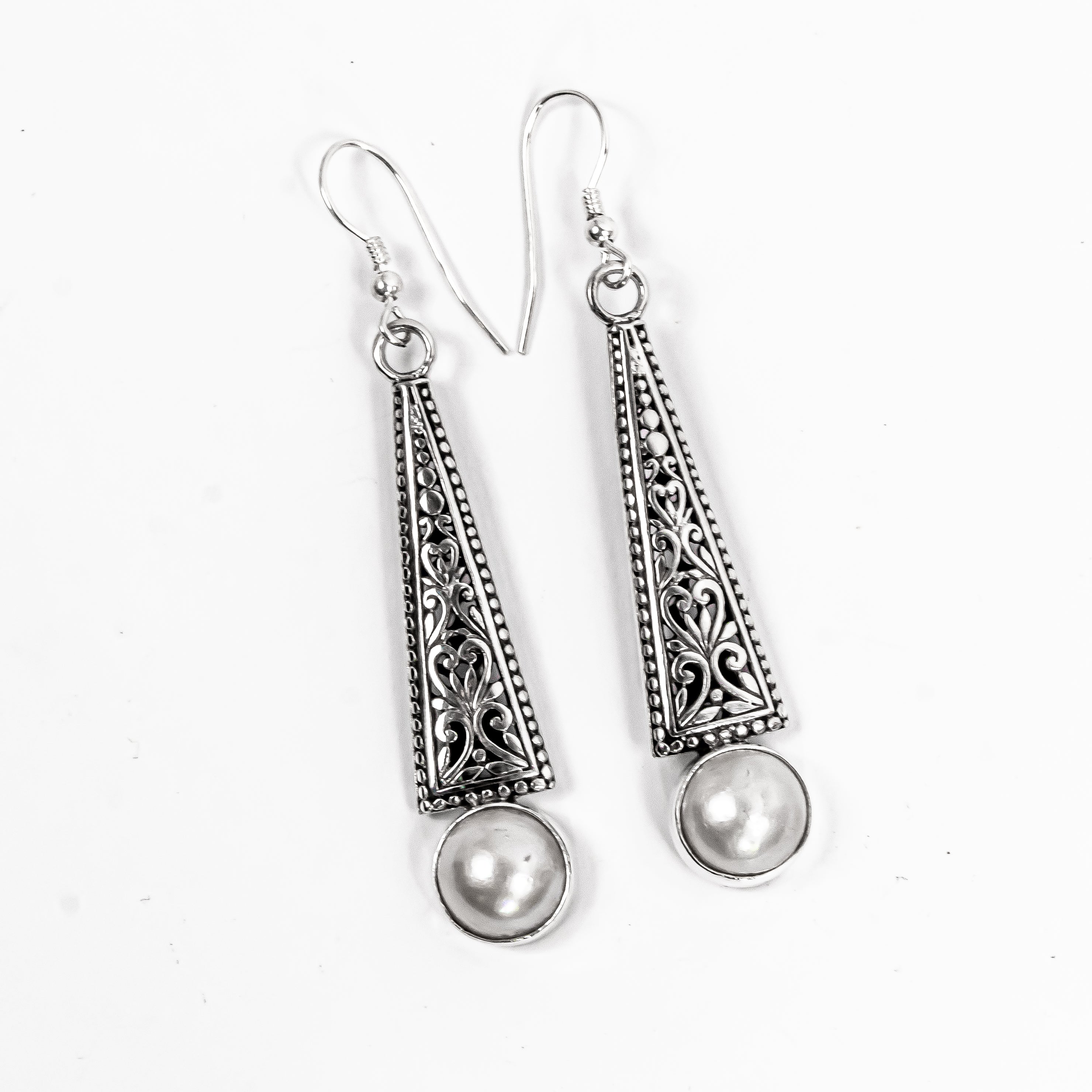 Enchanting Bali Natural White Mabe Pearl Artisan earring in Sterling Silver