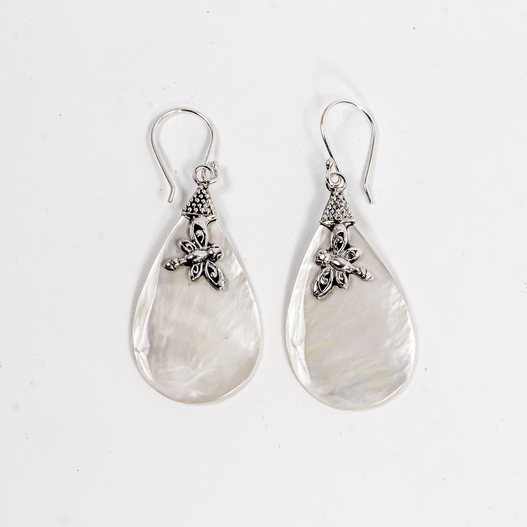 Enchanting Bali Handmade Pear Mother of Pearl Dragonfly earrings in sterling silver

