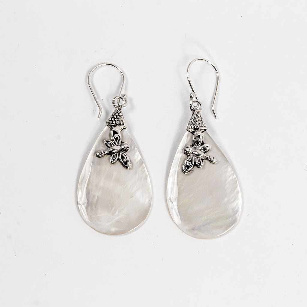 Enchanting Bali Handmade Pear Mother of Pearl Dragonfly earrings in sterling silver
