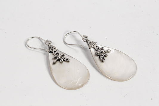 Enchanting Bali Handmade Pear Mother of Pearl Dragonfly earrings in sterling silver