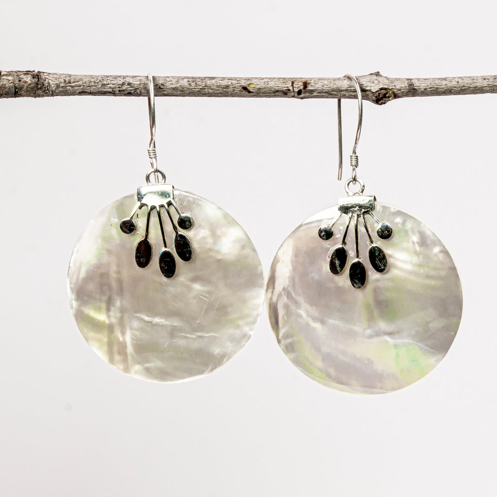 Enchanting Bali Handmade Round Mother of Pearl Earrings in Sterling Silver