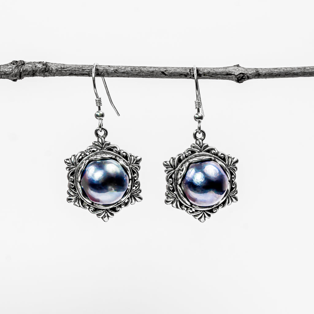 Enchanting Bali Handmade Peacock Mabe Pearl Earrings in Sterling Silver