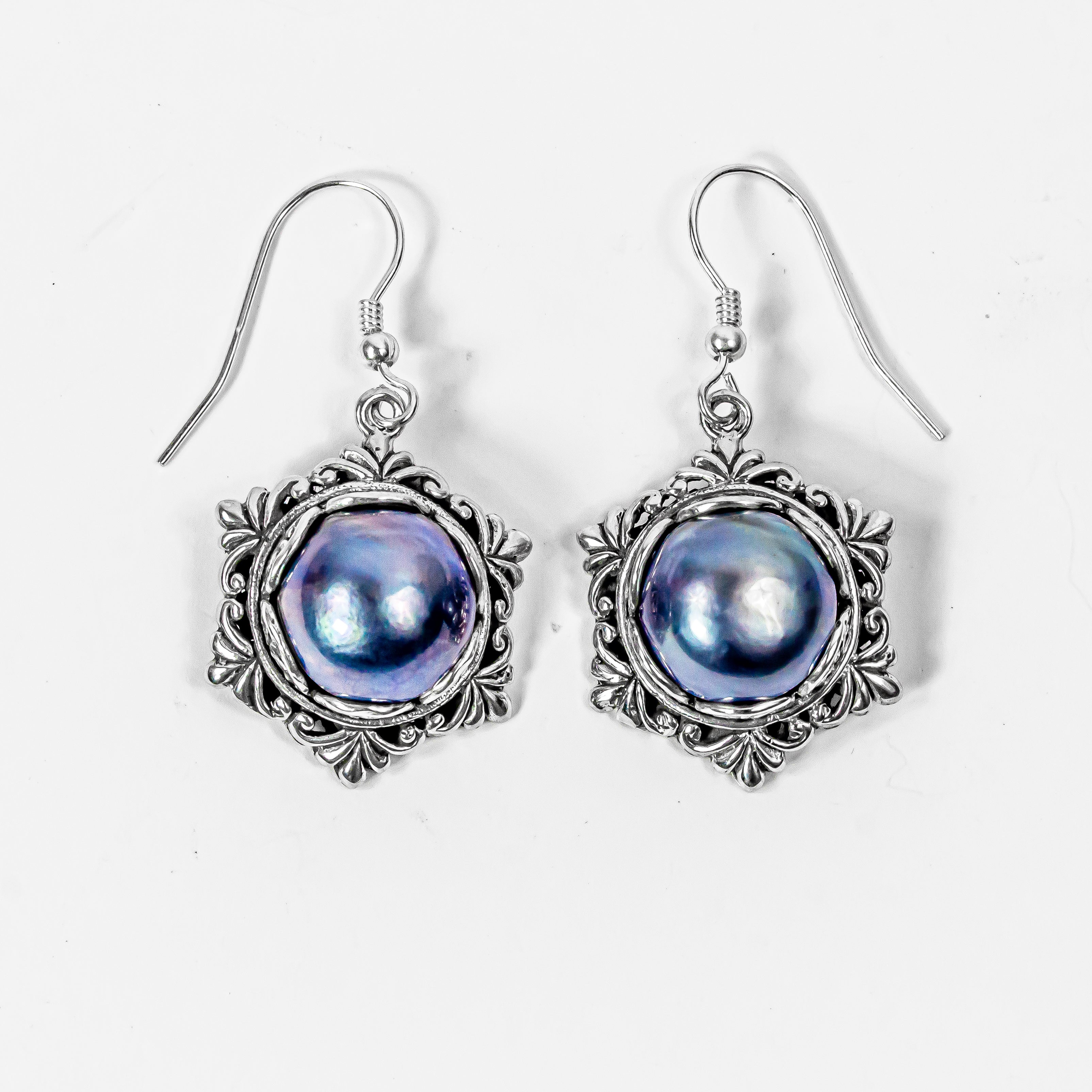 Enchanting Bali Handmade Peacock Mabe Pearl Earrings in Sterling Silver