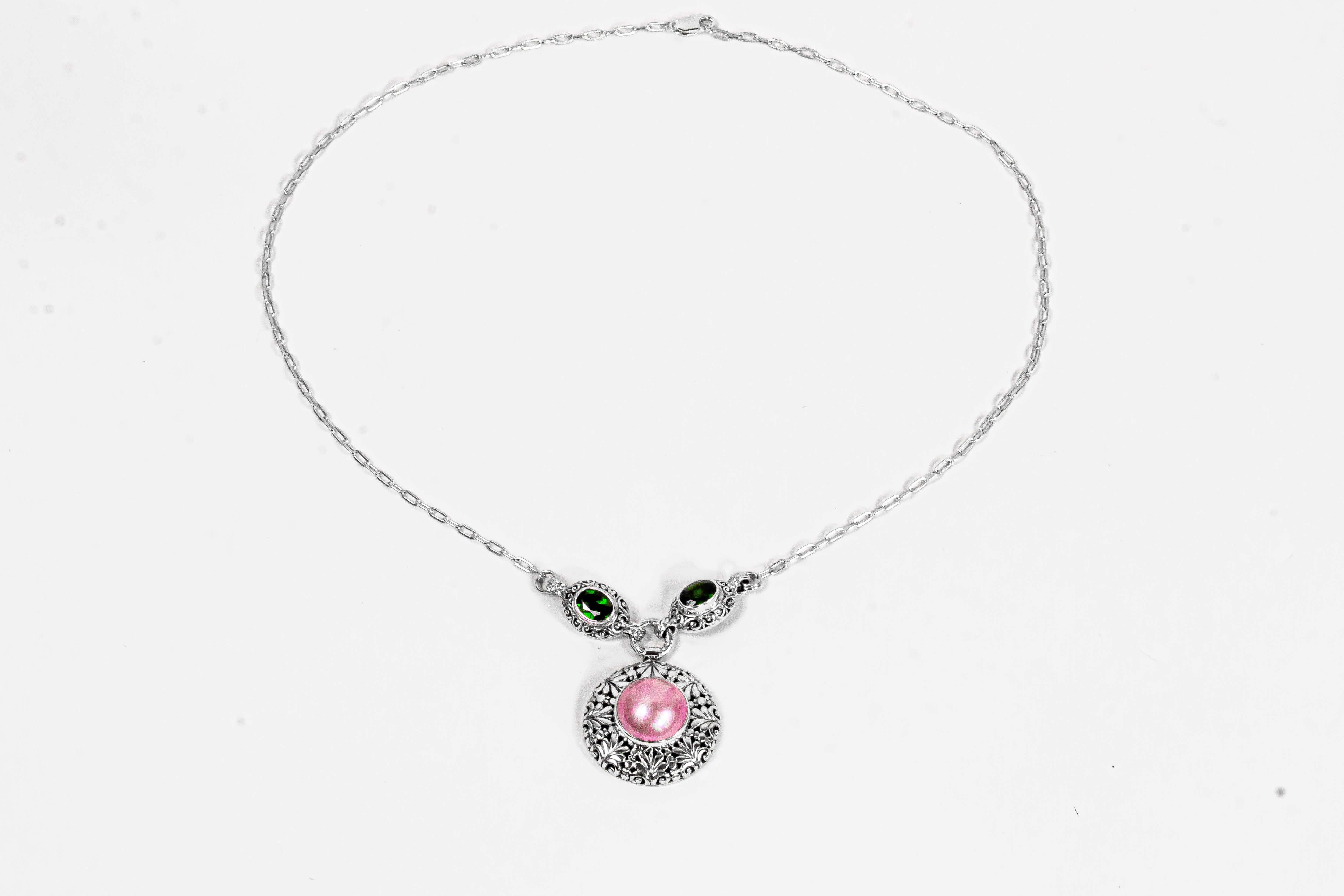 Enchanting Bali Natural Pink Mabe Pearl and Chrome Diopside Necklace in Sterling Silver