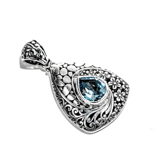 Enchanting Bali Handmade Pendant with Blue Topaz Gemstone in Sterling Silver