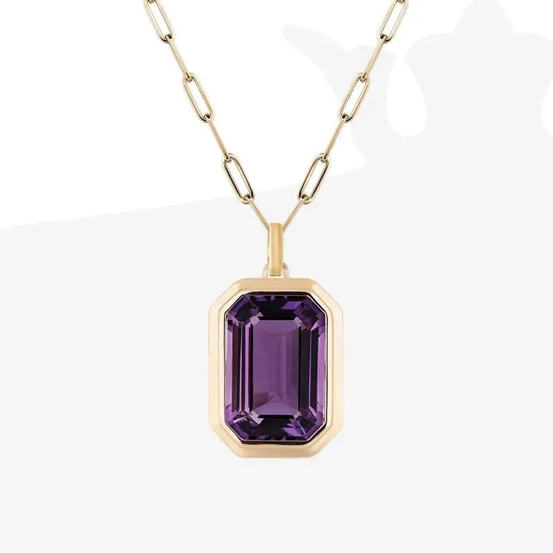 Stainless Steel 18K Gold IP Solitaire Purple Cubic Zirconia Paper Clip Pendant Necklace 18 inch with 2inch extender