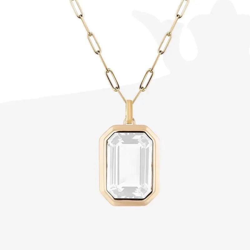 Stainless Steel 18 K Gold IP Solitaire White Cubic Zirconia Paper Clip Pendant Necklace 18 inch with 2inch extender