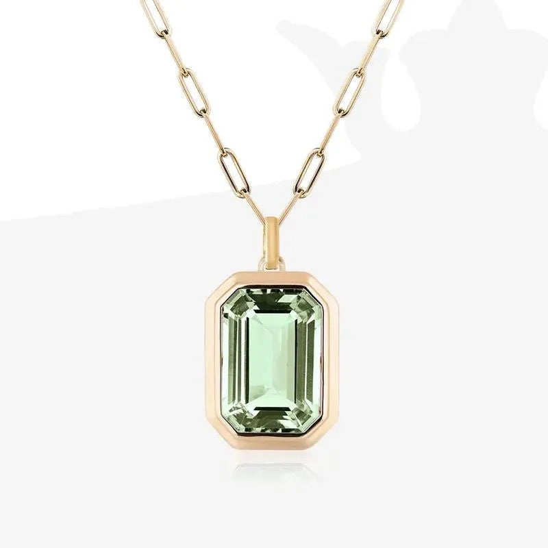 Stainless Steel 18K Gold IP Solitaire Green Cubic Zirconia Paper Clip Pendant Necklace 18 inch with 2inch extender