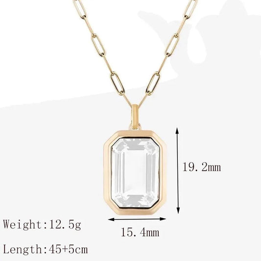 Stainless Steel 18 K Gold IP Solitaire White Cubic Zirconia Paper Clip Pendant Necklace 18 inch with 2inch extender