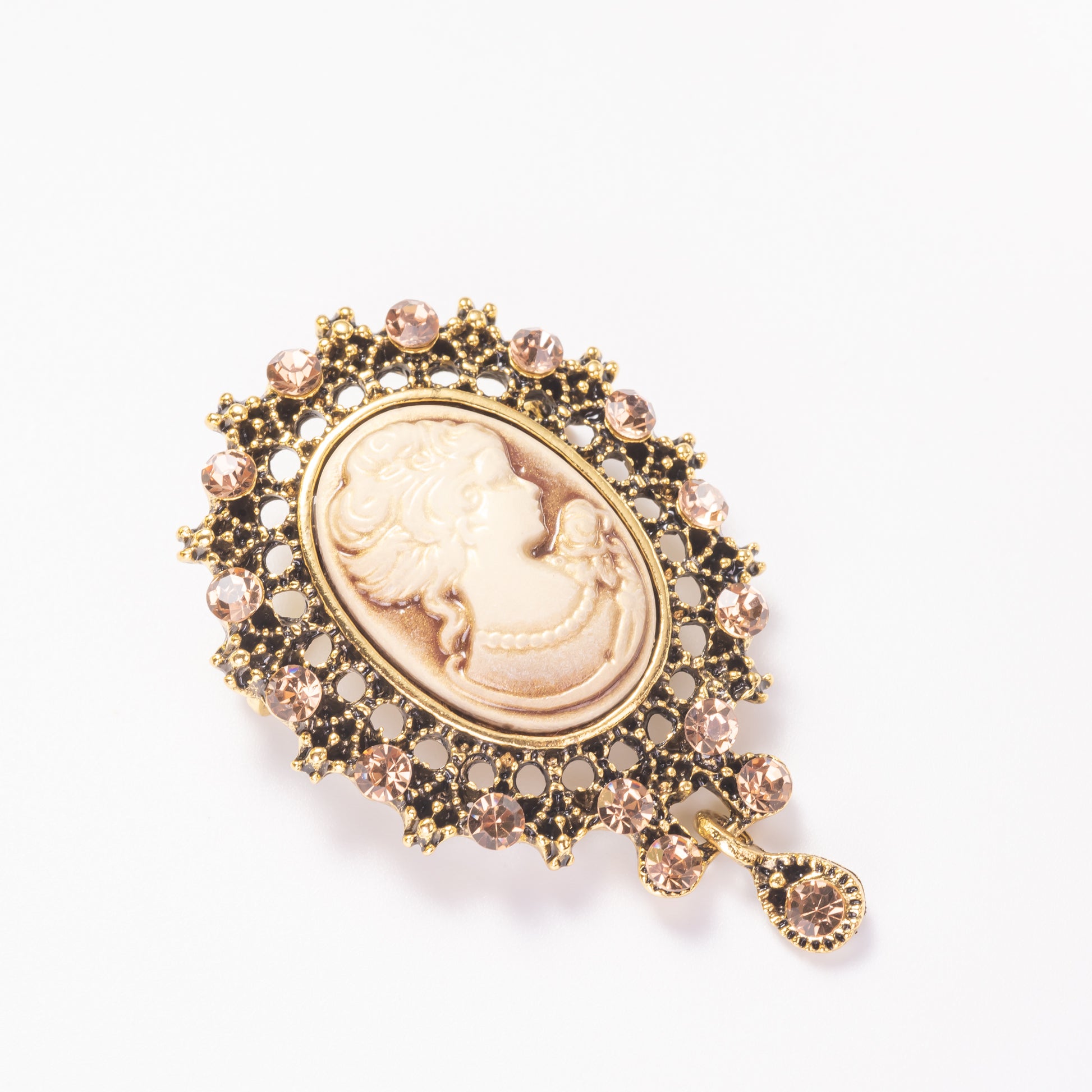 Victorian Style Vintage Golden Cameo Brooch Pin Jewelry With Crystal-Stars and Vogue