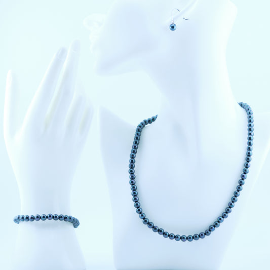 Classic 6mm Round Black Peacock Shell Pearl Set Necklace 18inch, Bracelet 7inch and Earrings with Steel Lock