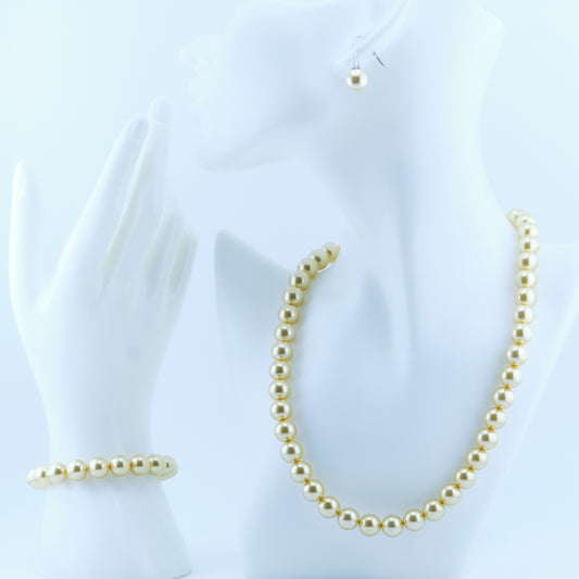 Classic 10mm Round Golden Shell Pearl Set Necklace 18inch, Bracelet 7inch and Earrings with Steel Lock