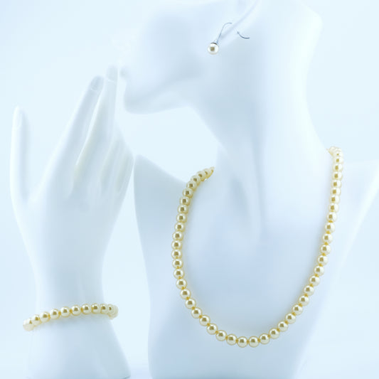 Classic 8mm Round Golden Shell Pearl Set Necklace 18inch, Bracelet 7inch and Earrings with Steel Lock