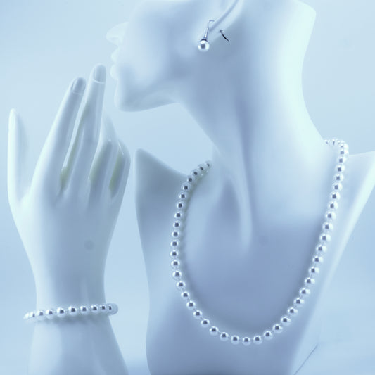 Classic 10mm Round White Shell Pearl Set Necklace 18inch, Bracelet 7inch and Earrings with Steel Lock