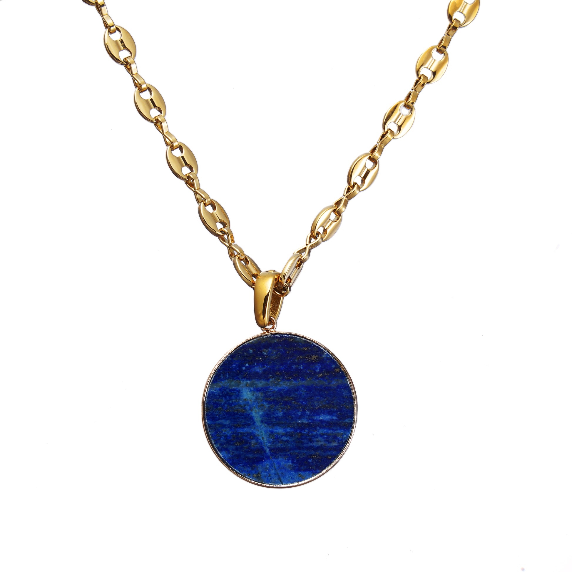 Blue necklace with a round gemstone pendant on a white background