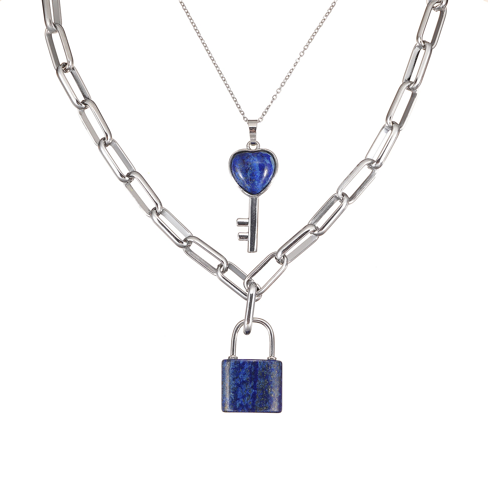 Two silver necklaces with Lapis heart and lock pendants on a white background